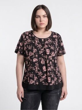 Anne Klein Black Short Sleeve Top with Pink Floral Print